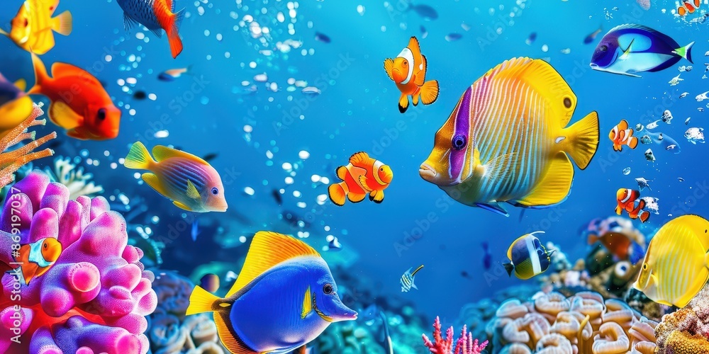 Naklejka premium Colorful Fish Swimming in a Vibrant Coral Reef