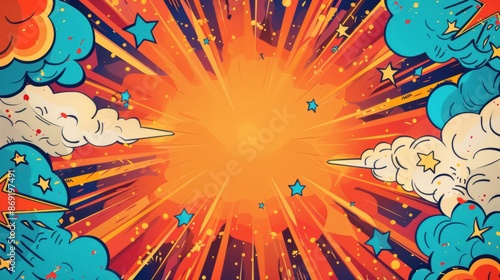 Comic book explosion backdrop on a party invitation, superhero elements, space for event details