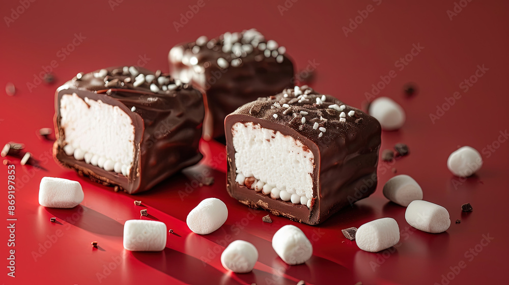 Chocolate-coated marshmallow treats studio shot on red background Chocolate-coated marshmallow treats studio shot on red background