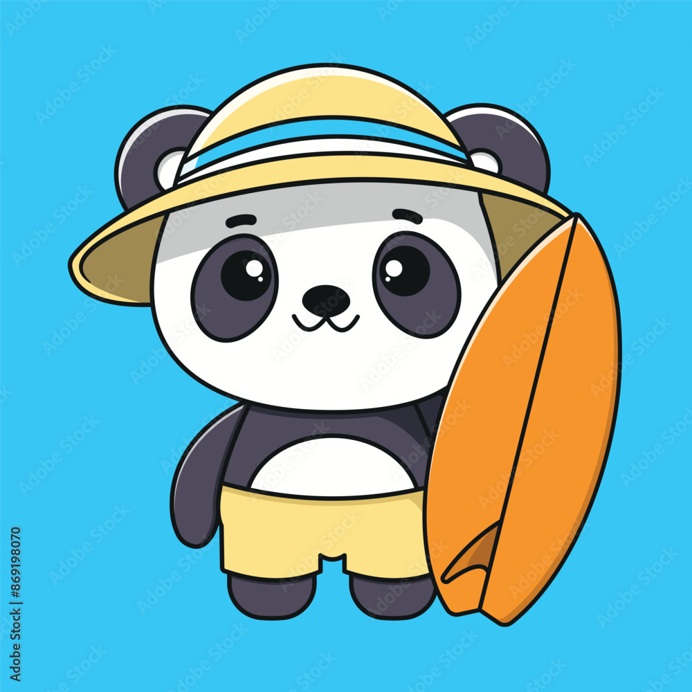 Fototapeta premium Flat Vector Cute Cartoon Panda Character with Surfing and Ball Happy Summer Beach