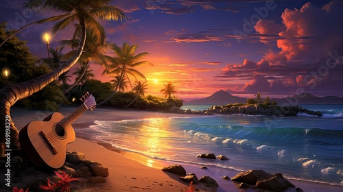The setting sun casts a warm glow over the beach, palm trees and ocean.