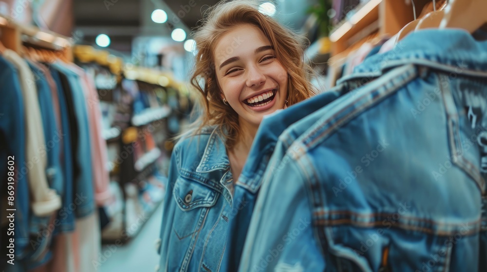 Happy woman looking for new sneakers while shopping at mall Happy woman looking for new sneakers while shopping at mall