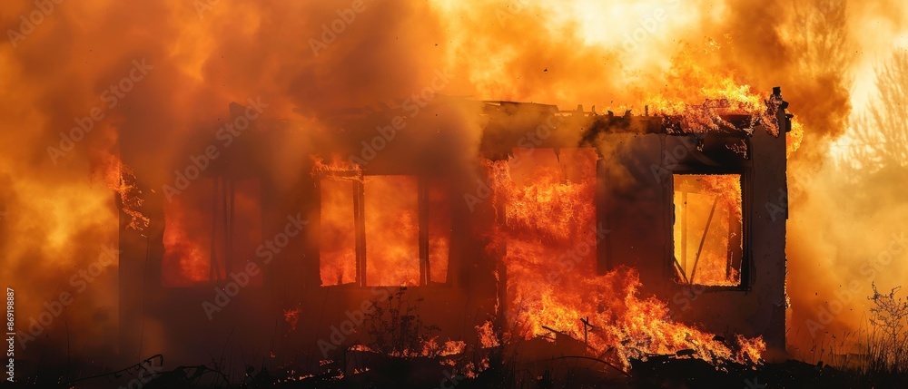 Flames consuming an abandoned building with thick smoke, urban fire, public hazard Flames consuming an abandoned building with thick smoke, urban fire, public hazard
