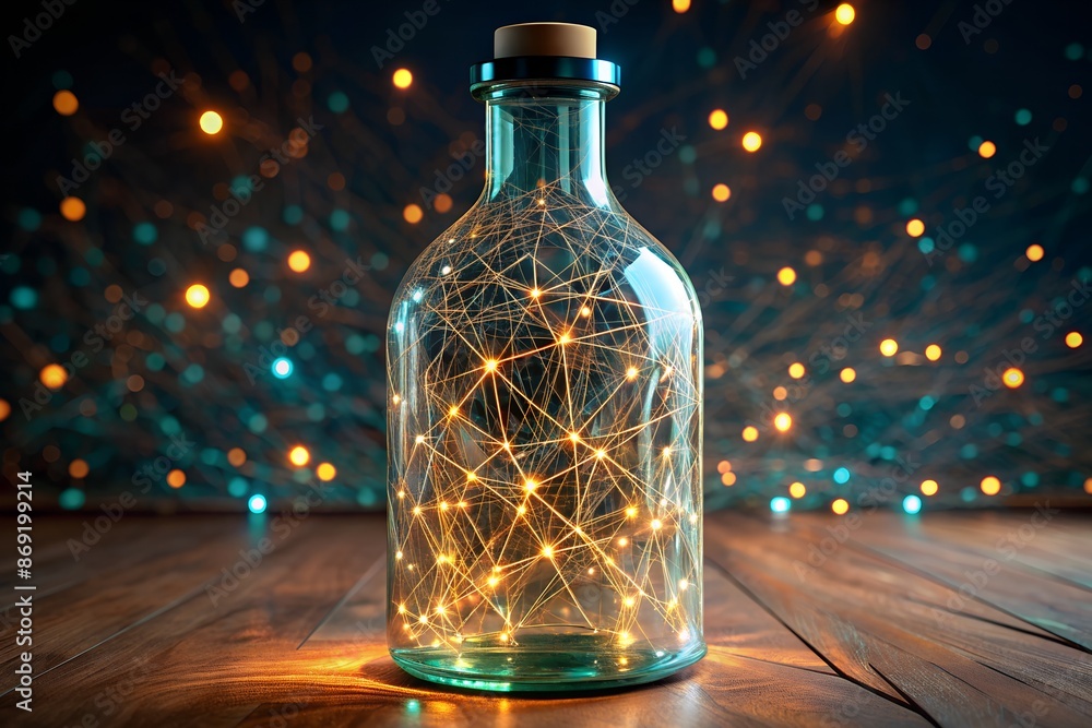Glass Bottle with Glowing Network Inside Glass Bottle with Glowing Network Inside