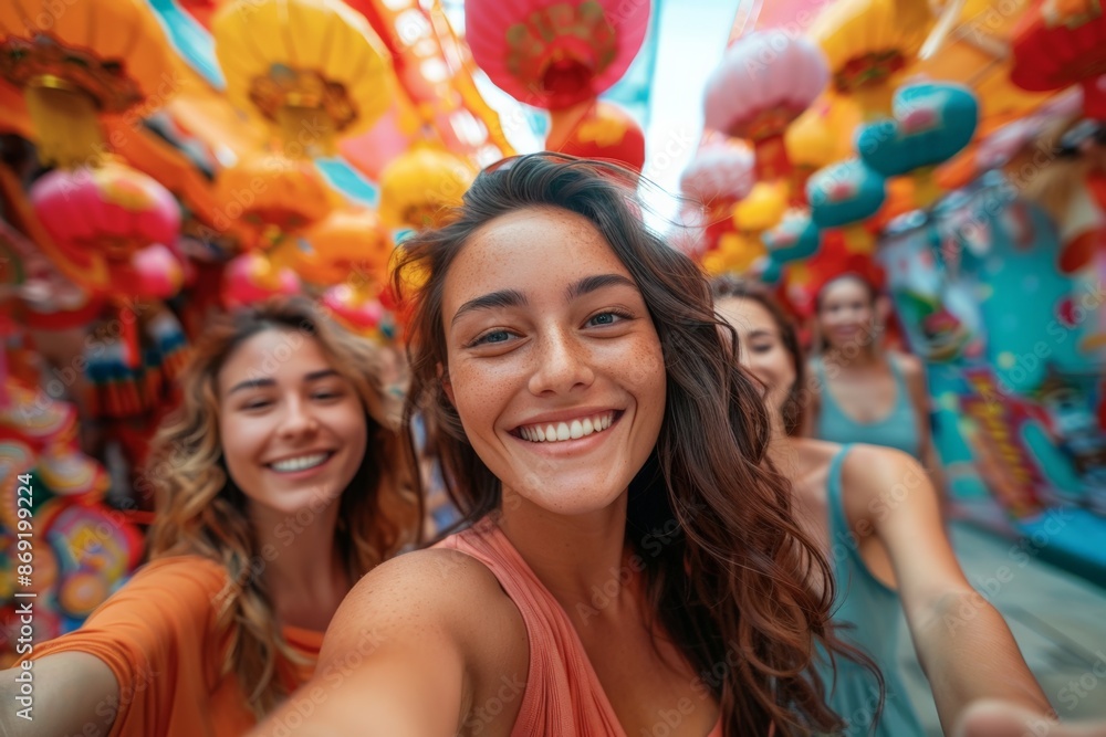 Group of friends smiling and taking a selfie under vibrant lanterns during a festive celebration. Group of friends smiling and taking a selfie under vibrant lanterns during a festive celebration.