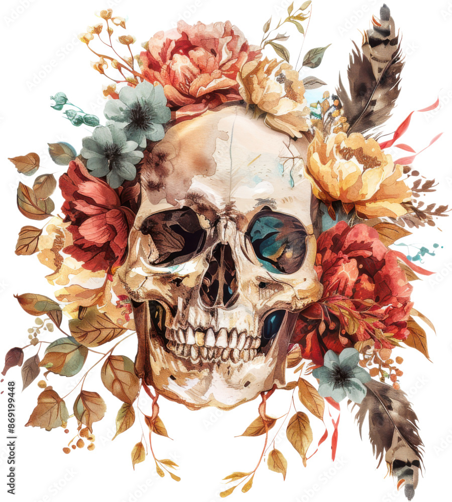 Naklejka premium Skull with Autumn Flowers and Leaves, Gothic Art