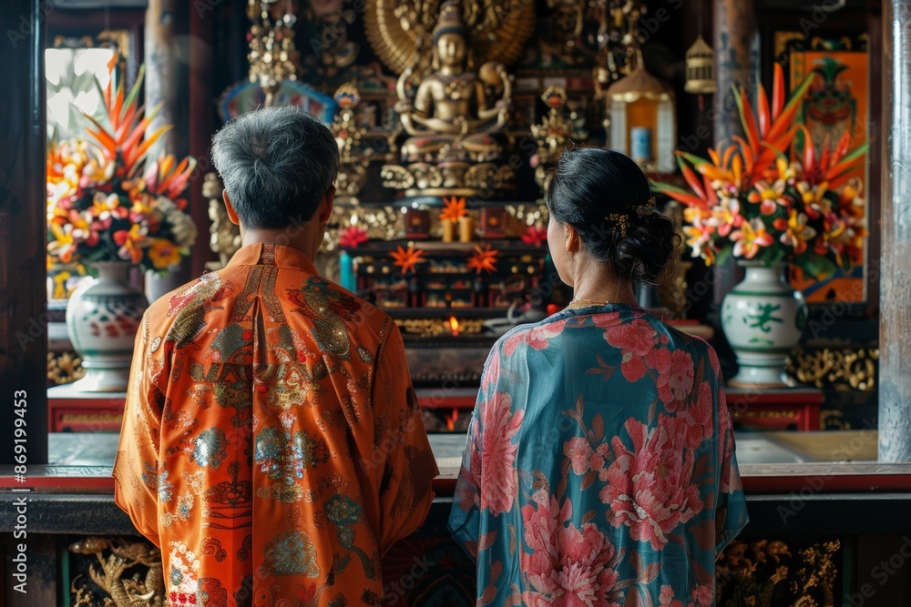 Bride and groom in traditional attire facing an altar adorned with flowers and candles, during a cultural wedding ceremony. Bride and groom in traditional attire facing an altar adorned with flowers and candles, during a cultural wedding ceremony.