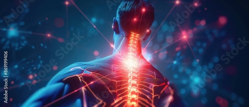 Graphic of upper back pain with glowing red areas and sharp lines indicating widespread discomfort photo