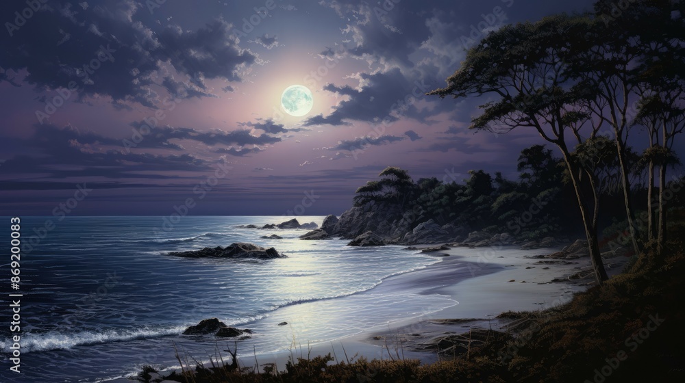 Fototapeta premium The full moon rises over a tranquil sea, casting a silvery glow on the waves. The beach is deserted, save for a few seabirds flying overhead.