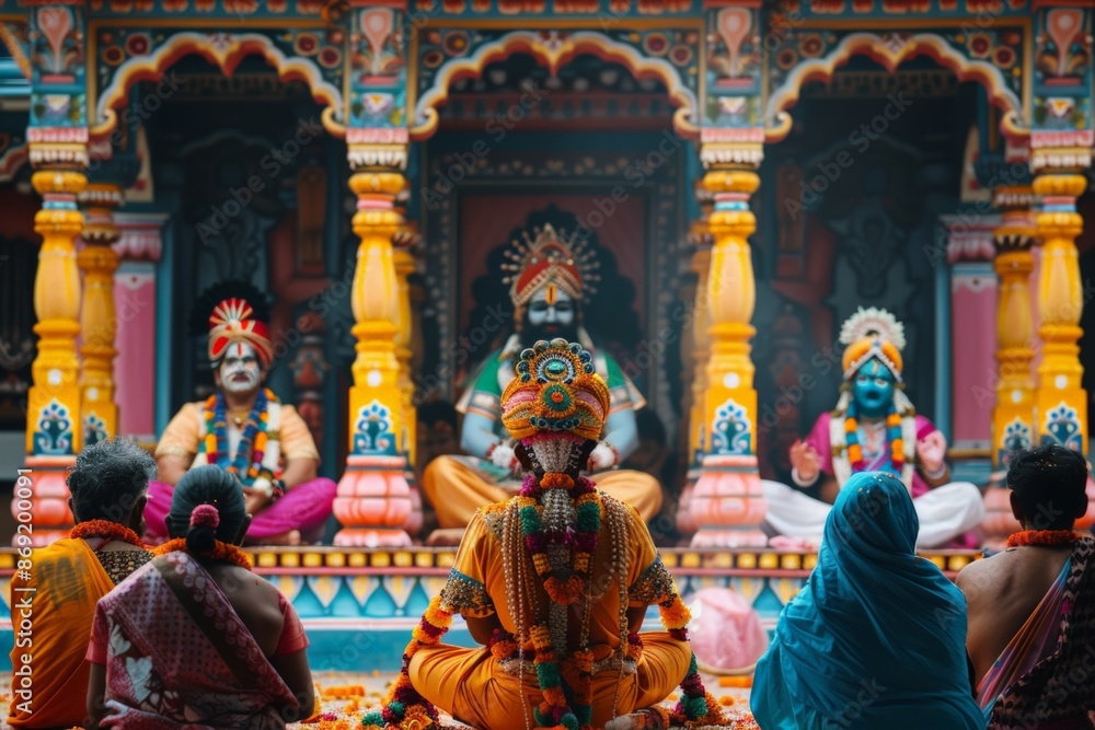 A vibrant and colorful Hindu temple scene with devotees engaged in worship, highlighting the rich cultural and spiritual atmosphere. A vibrant and colorful Hindu temple scene with devotees engaged in worship, highlighting the rich cultural and spiritual atmosphere.