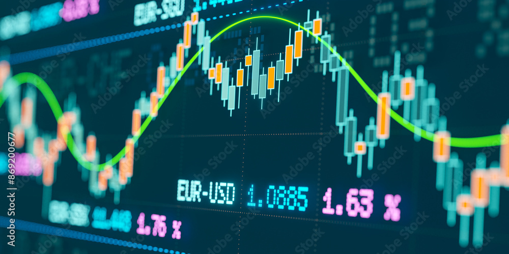 Close up candle stick chart with global currency exchange rates, slective focus. Rates of Euro, US dollar, British pound, Japanese yen, Swedish krona. Business and investment. 3D illustration Close up candle stick chart with global currency exchange rates, slective focus. Rates of Euro, US dollar, British pound, Japanese yen, Swedish krona. Business and investment. 3D illustration