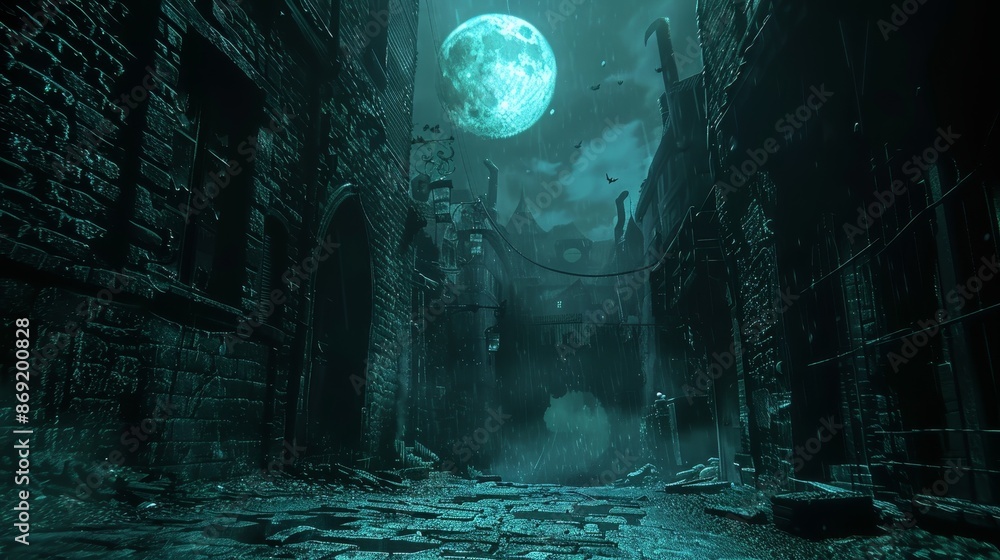A dark, eerie alley illuminated by a full moon, shrouded in fog and surrounded by old brick buildings, creating a mysterious atmosphere. A dark, eerie alley illuminated by a full moon, shrouded in fog and surrounded by old brick buildings, creating a mysterious atmosphere.