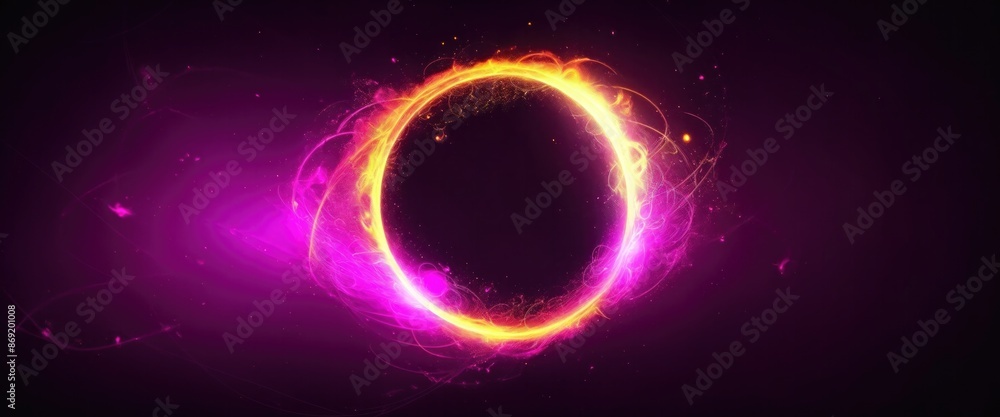 Circle and loop frames with magic Yellow and pink flame and sparks on dark background, Abstract neon energy sphere of particles and waves of magical glowing on a dark background Circle and loop frames with magic Yellow and pink flame and sparks on dark background, Abstract neon energy sphere of particles and waves of magical glowing on a dark background