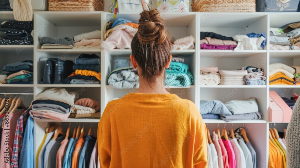 Person organizing clothes in a closet, cleaning, tidy wardrobe Person organizing clothes in a closet, cleaning, tidy wardrobe