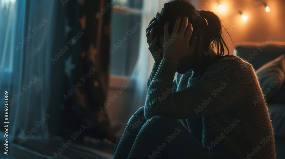 Person sitting in a dark room with their head in their hands, breakup, depression Person sitting in a dark room with their head in their hands, breakup, depression