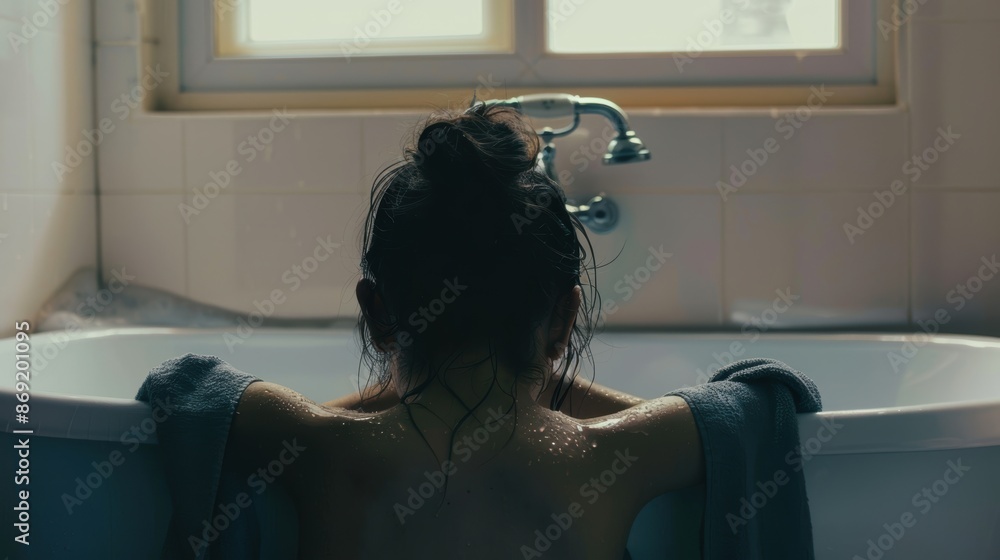 Person sitting in a bathtub with water running, fully clothed, breakup, feeling overwhelmed Person sitting in a bathtub with water running, fully clothed, breakup, feeling overwhelmed