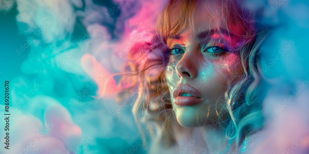 Conceptual art piece of a woman's head,entwined with colorful smoke trails, reality and fantasy. Conceptual art piece of a woman's head,entwined with colorful smoke trails, reality and fantasy.