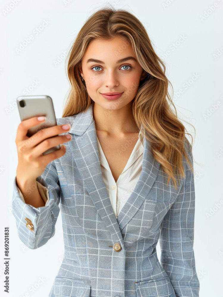 Cheerful businesswoman in a blue suit, holding a smartphone and pointing upwards, exuding confidence and professionalism against a white background. Cheerful businesswoman in a blue suit, holding a smartphone and pointing upwards, exuding confidence and professionalism against a white background.