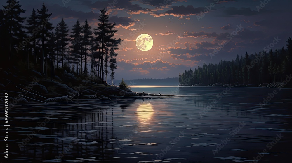 The full moon rises over a tranquil lake, casting a silvery glow on the water. The full moon rises over a tranquil lake, casting a silvery glow on the water.