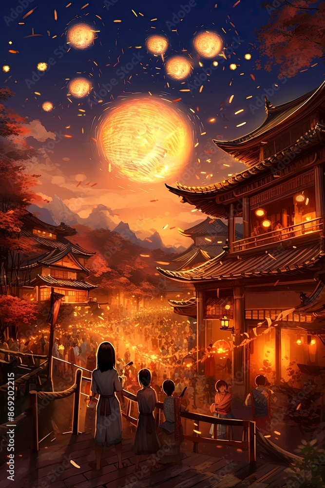 Mid-range shot (Happiness is always with you): On the night of the Spring Festival, a family is setting off fireworks and sky lanterns outdoors.,wuxia, generative ai Mid-range shot (Happiness is always with you): On the night of the Spring Festival, a family is setting off fireworks and sky lanterns outdoors.,wuxia, generative ai