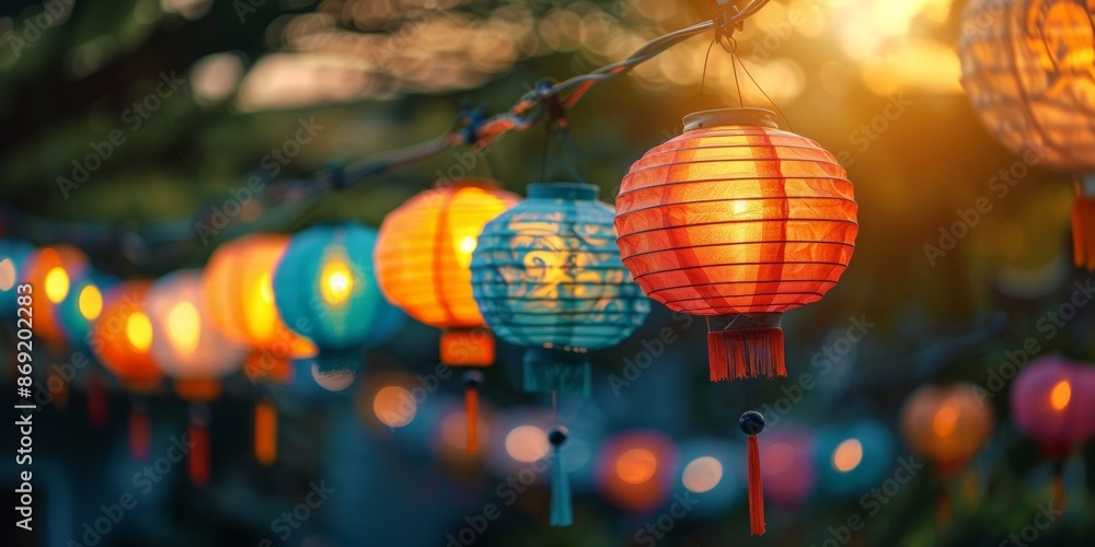 Fototapeta premium Colorful lanterns hanging in a row, glowing warmly as the sun sets, creating a festive and lively atmosphere.