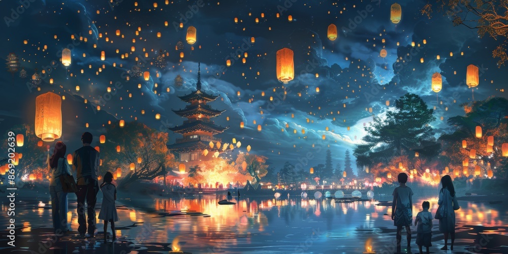 Fototapeta premium A breathtaking night scene with numerous lanterns floating in the sky, illuminating a traditional festival.