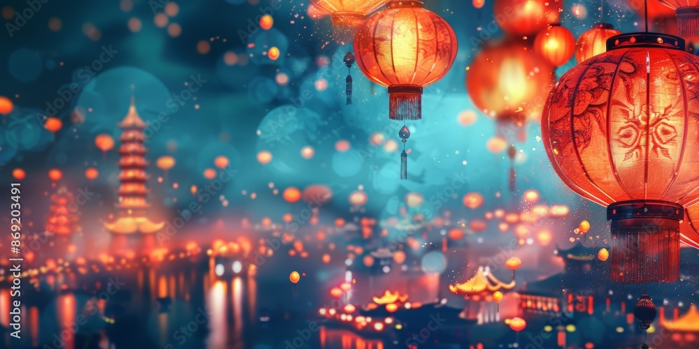 Colorful lanterns creating a dreamy atmosphere over a night festival, with vibrant lights and festive decorations. Colorful lanterns creating a dreamy atmosphere over a night festival, with vibrant lights and festive decorations.