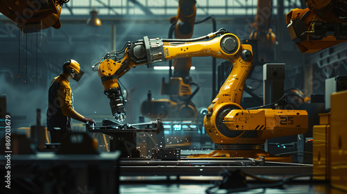 Modern production: the operator controls a manipulator robot with laser welding, automation, precise connection of parts, laser flashes and quality control.
