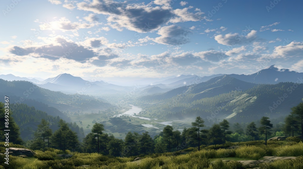 The image is of a beautiful landscape with a river running through a valley. The sky is blue and there are white clouds. The image is of a beautiful landscape with a river running through a valley. The sky is blue and there are white clouds.