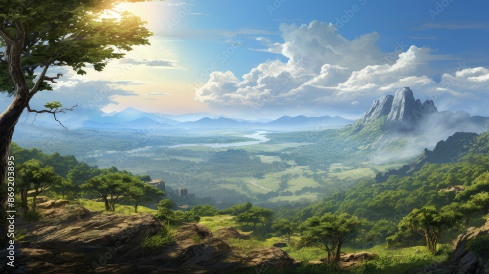 The image is of a beautiful landscape with a mountain range in the distance. The foreground is a lush green forest with a river running through it. The image is of a beautiful landscape with a mountain range in the distance. The foreground is a lush green forest with a river running through it.