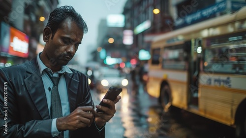 Man checking his phone while walking down a busy street