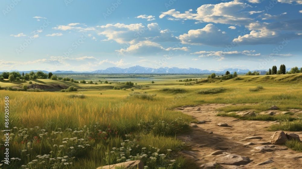 Fototapeta premium The image shows a beautiful landscape with a vast green field, a blue sky, and white clouds.