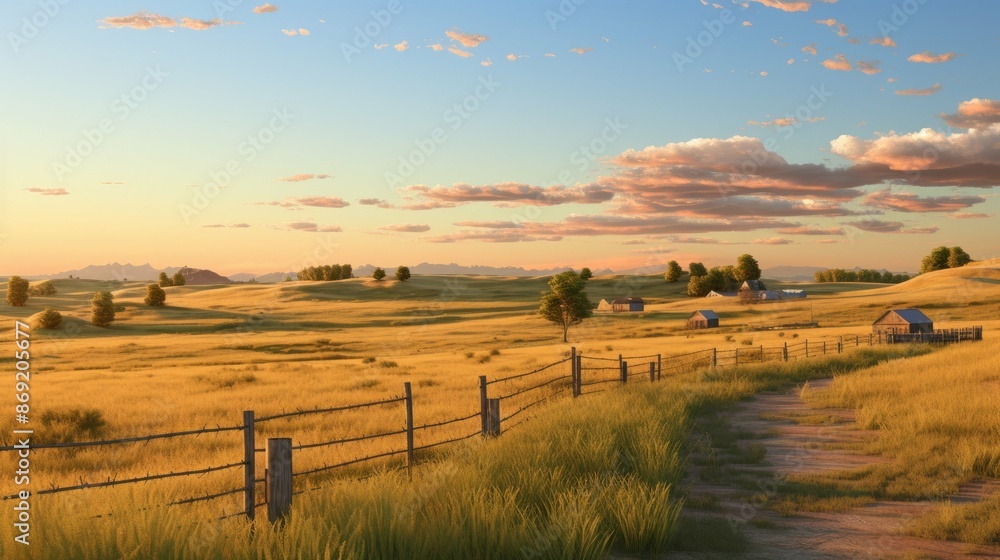 Obraz premium A beautiful landscape image of a rural field with a dirt road in the foreground, a wooden fence to the left, and a small farmhouse in the distance.