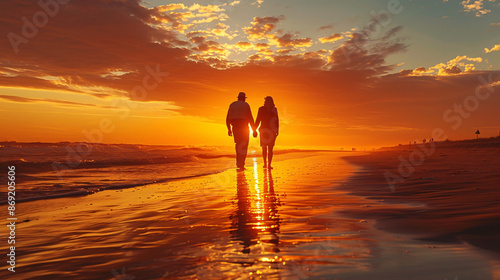 Fototapeta Naklejka Na Ścianę i Meble -  Senior couple enjoying a leisurely walk on the beach at sunset Stock Photo with copy space