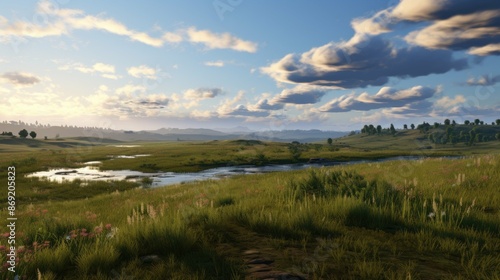 Amazing landscape with green field and river flowing through it. There are hills and mountains in the background.