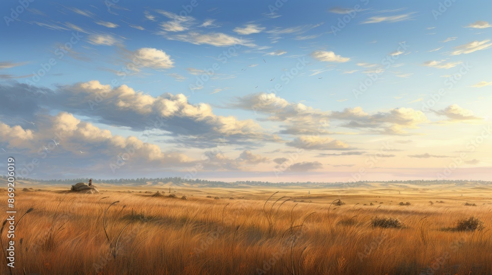 Image description: A beautiful landscape image of a vast field of golden wheat under a blue sky with white clouds. Image description: A beautiful landscape image of a vast field of golden wheat under a blue sky with white clouds.