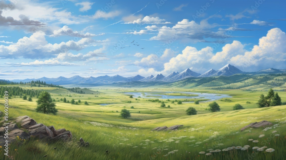 Obraz premium The image is of a beautiful landscape with a river running through it. There are mountains in the background and trees and flowers in the foreground.