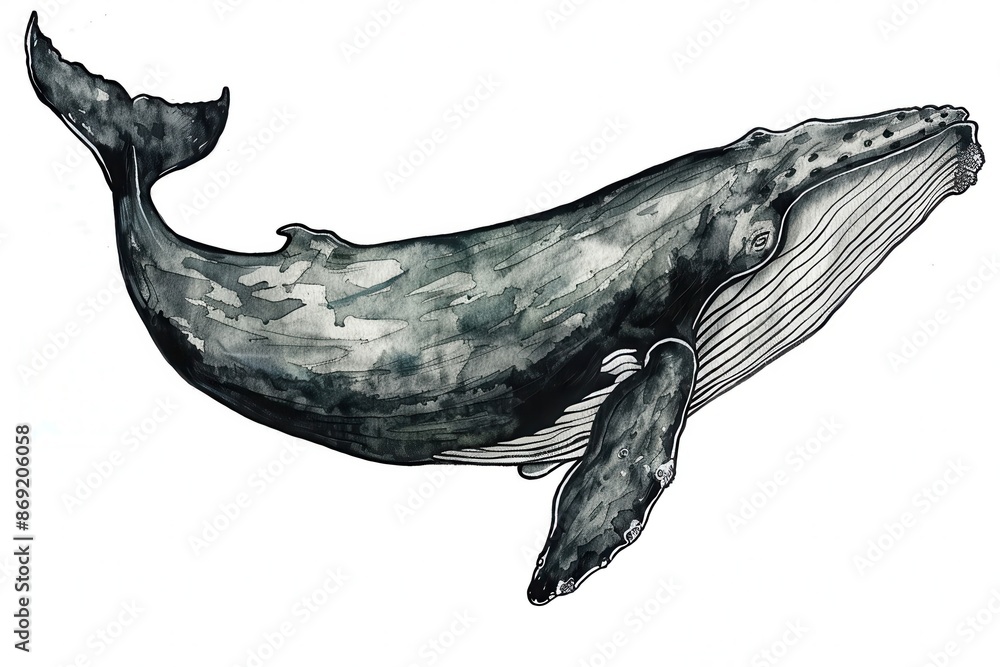 Fototapeta premium Endangered animals: drawing of a rare right whale in its natural habitat, meticulously illustrated by a talented artist