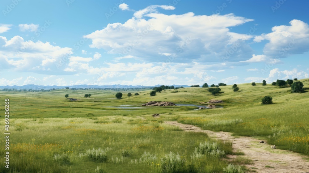 The image shows a beautiful landscape with green rolling hills, a blue sky, and a few trees. The hills are covered in green grass. The image shows a beautiful landscape with green rolling hills, a blue sky, and a few trees. The hills are covered in green grass.