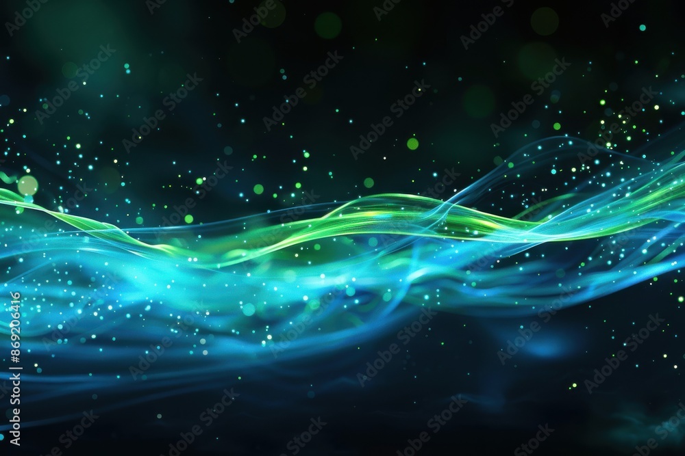 Abstract blue and green light streak and radiant forms floating on dark backdrop Abstract blue and green light streak and radiant forms floating on dark backdrop