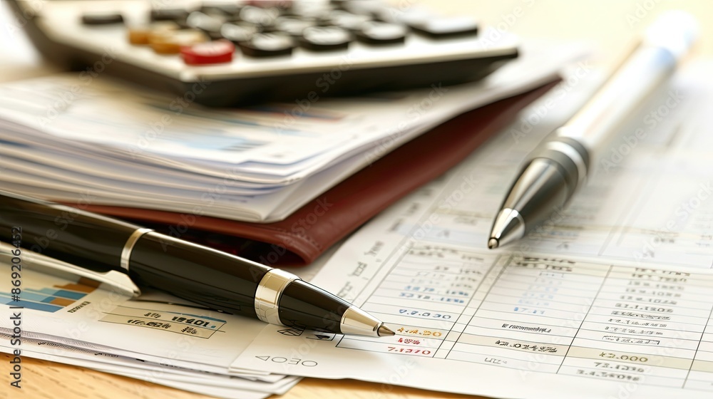 Organized Finance Related Still Life Arrangement with Calculator Pen and Reports on Desk Organized Finance Related Still Life Arrangement with Calculator Pen and Reports on Desk
