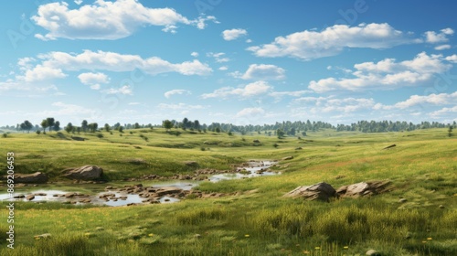 Amazing landscape with green hills and blue sky. The sun is shining brightly and there are white clouds dotting the sky.