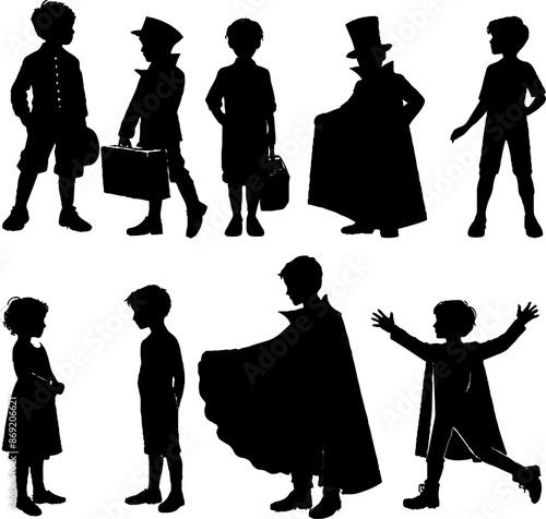 black and white silhouettes of children playing roles in the theater