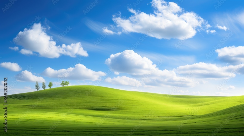 Fototapeta premium Panoramic landscape with green hills and blue sky.