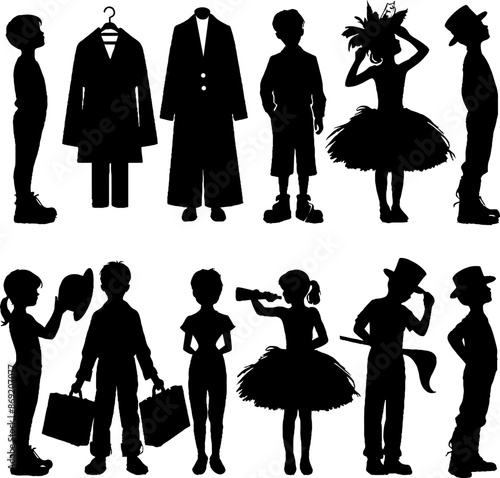 black and white silhouettes of children playing roles in the theater