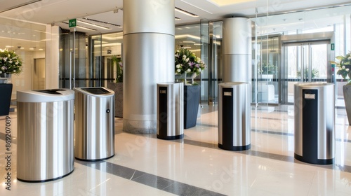 A row of modern security gates in a transit center, with blurred figures of people walking past.