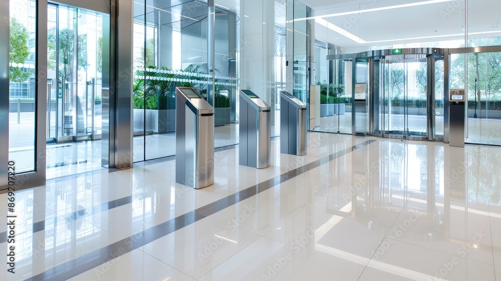 A row of modern security gates in a transit center, with blurred figures of people walking past. A row of modern security gates in a transit center, with blurred figures of people walking past.