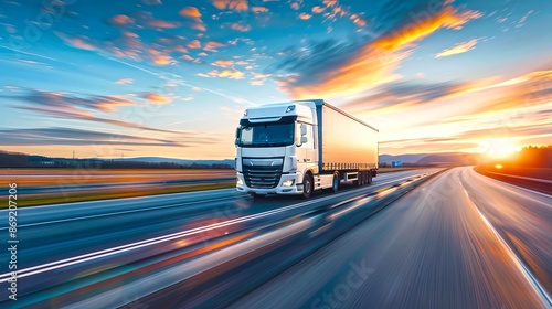 Modern truck driving on a highway during sunset. This high-resolution, digitally crafted image shows transportation and logistics concepts. Ideal for marketing materials and industry presentations. AI