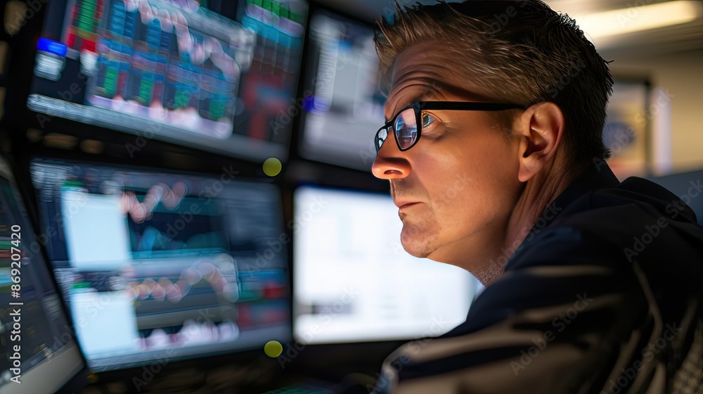 Intense Focus of Foreign Currency Exchange Trader Monitoring Live Market Data on Multiple Screens in Fast Paced Trading Terminal Intense Focus of Foreign Currency Exchange Trader Monitoring Live Market Data on Multiple Screens in Fast Paced Trading Terminal