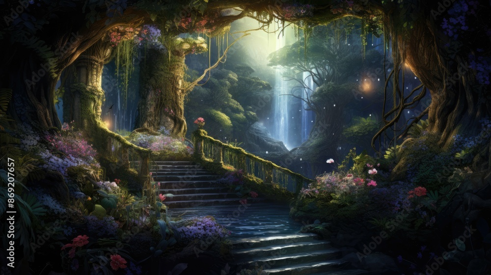 The image is a beautiful landscape of a magical forest. The forest is full of tall trees, lush green leaves, and colorful flowers. The image is a beautiful landscape of a magical forest. The forest is full of tall trees, lush green leaves, and colorful flowers.